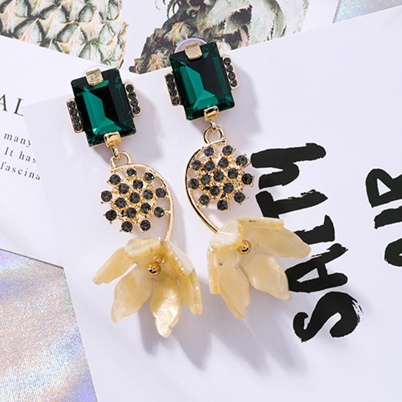 Dangle & Chandelier 2021 Korean Vintage Luxury Green Rhinestone Acrylic Flower Drop Earrings For Women Ladies Pineapple Shape Statement-image-698108952