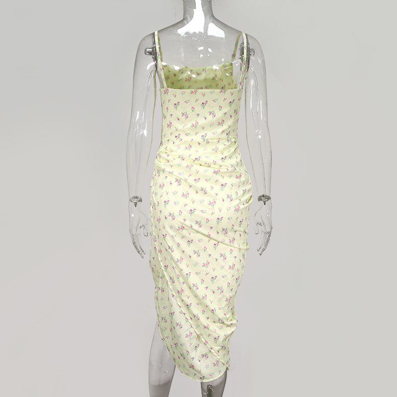 

2021newasia floral summer dress women spaghetti straps cowl neck prairie chic wrap dress long side split pleats print yellow dresses, Black;gray