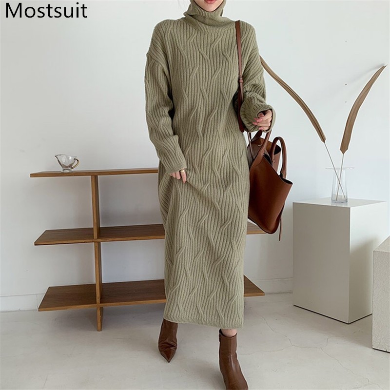

Thick Warm Turtleneck Women Long Sweater Dress Full Sleeve Loose Straight Dresses Korean Solid Vintage Female Vestidos Femme 210518, Black