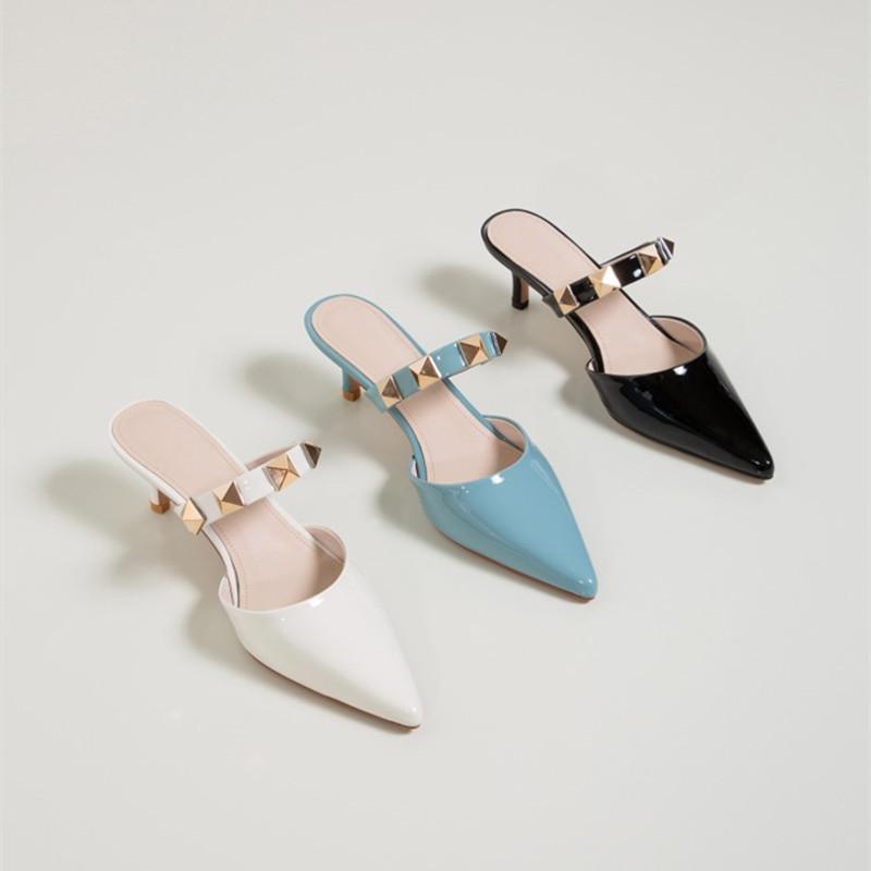 

Slippers Closed Toe Half 2021 Summer Patent Leather Low-Cut Stiletto Heel Pointed Rivets Middle, Black