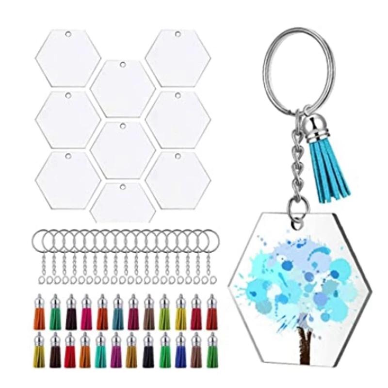 

Keychains 90Pcs Acrylic Transparent Discs Hexagon Keychain Blanks Charms And Tassel Pendants Keyring With Chain For DIY Crafts