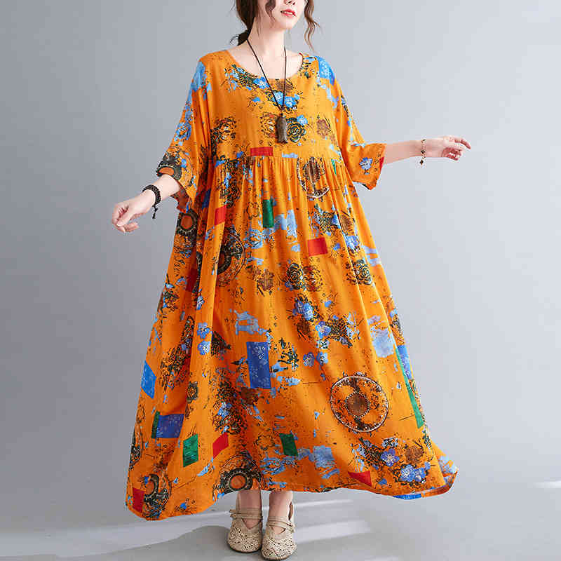 

Johnature Vintage Casual Print Ankle-length Summer Dresses Plus size O-Neck Short Sleeve Loose Women Yellow Dresses 210521