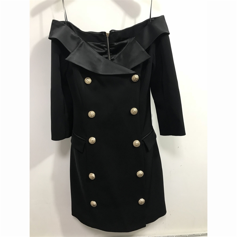 

TOP QUALITY Stylish Designer Dress Women' Notched Collar Off Shoulder Lion Buttons Double Breasted 210521, Black