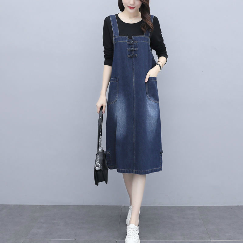 

Casual Dresses Women Denim 2021 Spring Summer Loose Strap Jeans Sundress Cowboy Female Clothing Plus Size RR4L, Blue