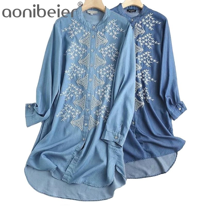 

Embroidered Denim Shirt Dress Blue Loose Spring Long Sleeve Summer Work Offiec Lady Vestidos Cotton 210604