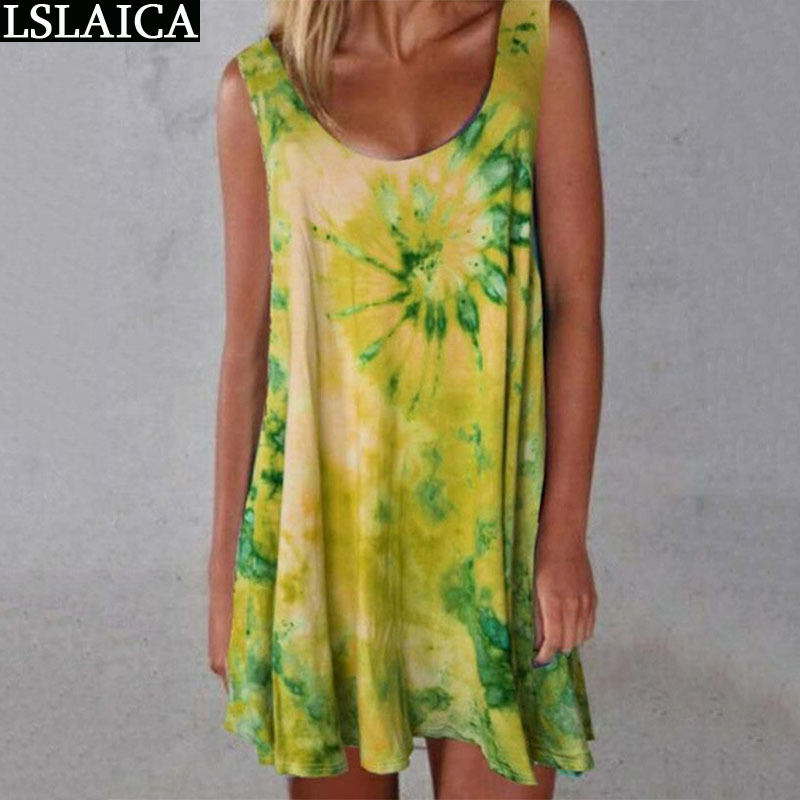 

Plus Size Fashion Summer Dress Sleeveless Round Neck Women's Casual Tie-Dye Print Beach Style Ropa Mujer Verano 210520, Red