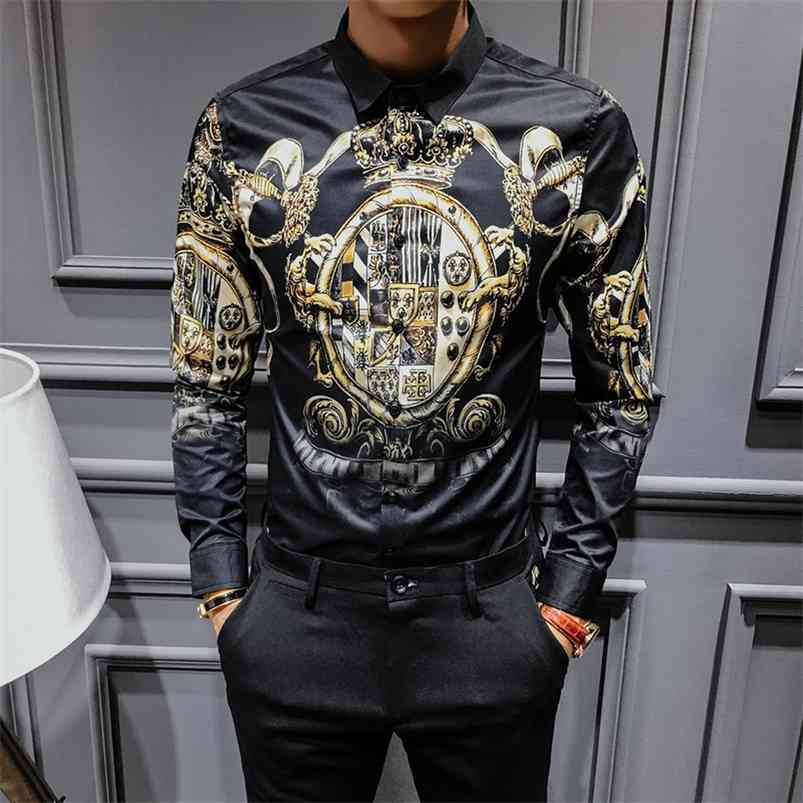 

Black Gold Print Shirts men Baroque Slim Fit Party Club Men Camisa Homem luxury Long Sleeve Plus Size 4XL 210721