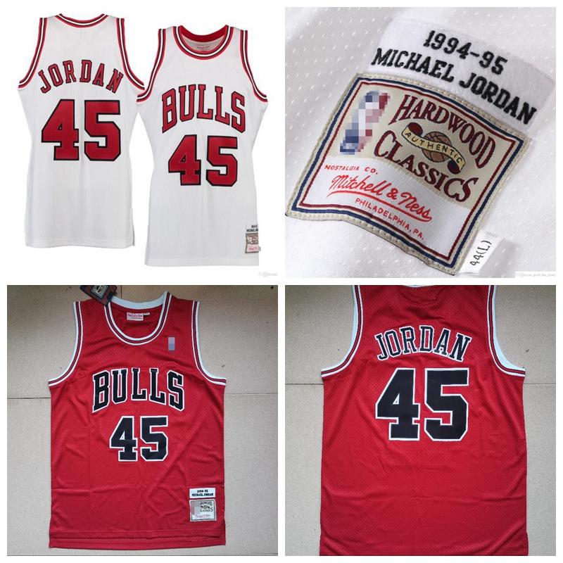 

Men Chicago Bulls 45 Michael J0rdanMitchell & Ness White 1994-95 Home Authentic Jersey, Black;red