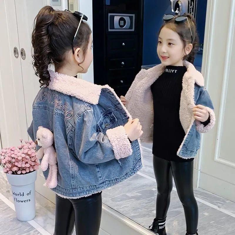 

Down Coat Children Denim Thickened Lamb Velvet Baby Autumn Winter Clothing For Girls Boys Cartoon Casual Jacket Infant Kids Outwear, Blue;gray