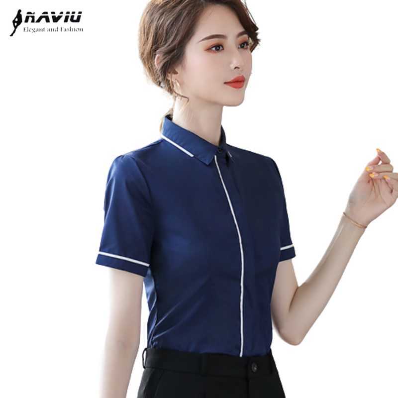 

Fashion Navy Blue Cotton Shirt Summer High Quality Short Sleeve Blouses For Women Tops Formal Work Wear 210604