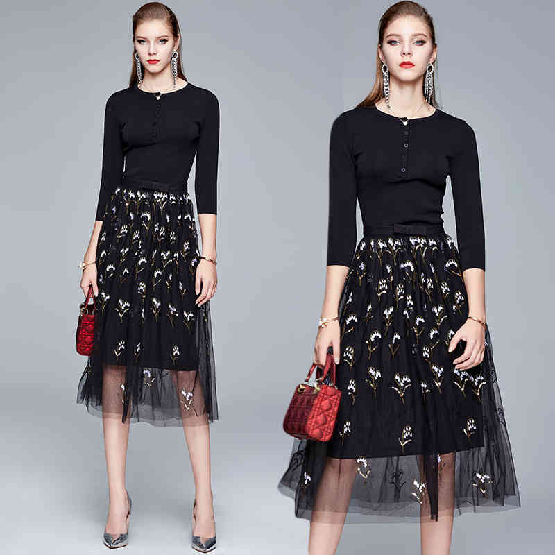 

Fashion Designer Women Autumn Elegant Embroidery Mesh Dress Suit Set Female Knitted Party Robe Lady Vintage Black Vestidos 210525