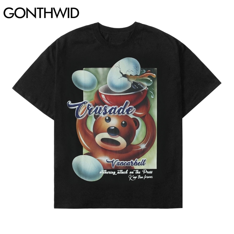 

Tshirts Hip Hop Streetwear Summer Cartoon Bear Eggs Print Short Sleeve T-Shirts Cotton Harajuku Casual Loose Tees Tops 210602, Black