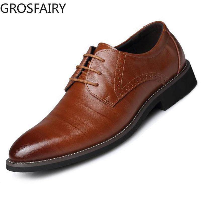 

Dress Shoes Men's Leather England Pointed Toe Lace-up Business Casual Retro Large Size 46, Black