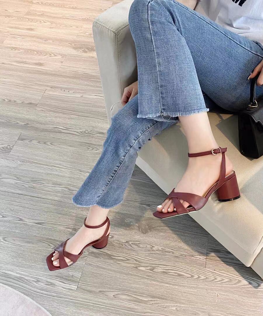 

stylishboX ~ high quality! Y21052101 34 black/white/BEIGE/BURGUNDY sandals CROSS STRAP GENUINE LEATHER CALF SKIN chunky KITTEN HEELS 5.8cm WORK SHOES LADIES SUMMER, Check stock before pay