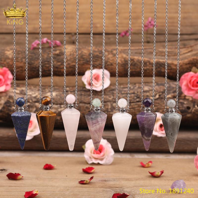 

Pendant Necklaces Natural Labradorite Opal Lapis Stone Healing Pendulum Perfume Bottle Women Chakra Essential Oil Vial Necklace, Silver