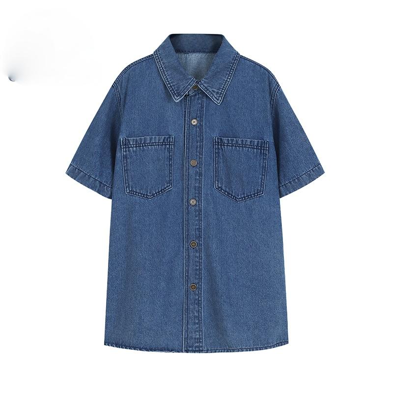 

Women' Blouses & Shirts Women Denim Shirt Summer 2021 Fashion Casual Lapel Short-Sleeve Buttons Loose Thin Blue Tops Girl Student Cotton Fe