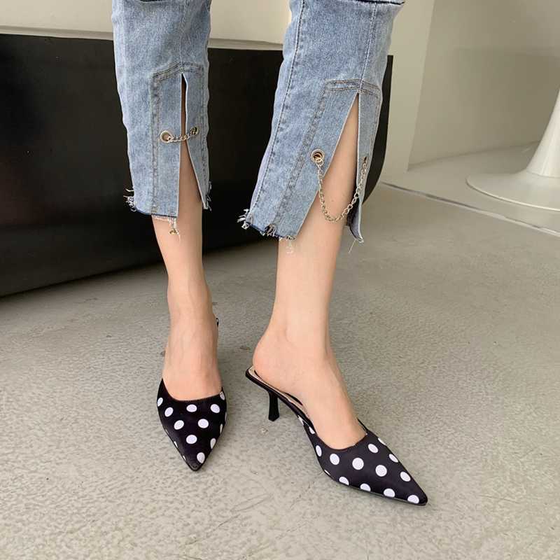 

Spring And Summer Black White Polka Dot Sexy Baotou High-heeled Ladies Half-drag All-match Sandals Pointed Toe Mules Slippers