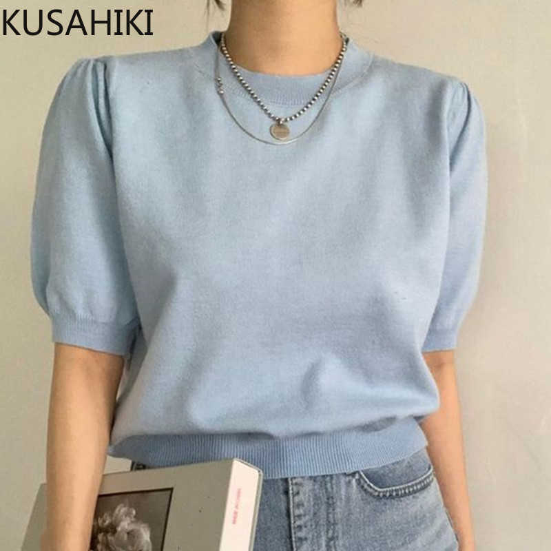 

KUSAHIKI Puff Short Sleeve Knitted T Shirts Spring Summer Korean O-neck Slim Short Graphic Tee Causal T Shirt Women 6F984 210602, Pink