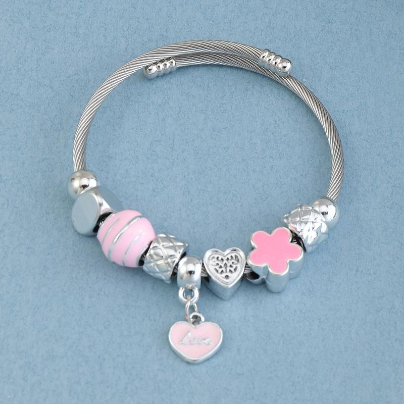 

Bangle Sweet Pink Love Enamel Heart Beads For Women Fit Original Charms Bracelet DIY Pendant Bangles Girl Sweetheart Romantic Gift