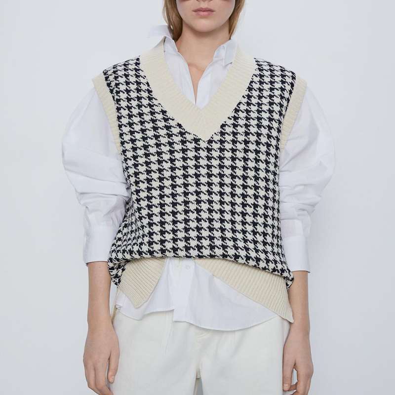 

Paris Girl Fashion Oversized Knitted Vest Houndstooth Black White Plaid Sweater Sleeveless Pullovers Female Waistcoat Tops 210524