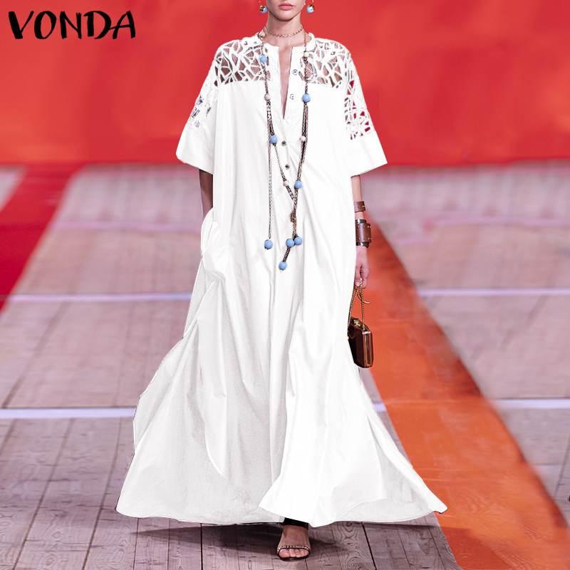 

Summer White Dress Vintage Patchwork Lace Party Long Maxi Dresses Beach Bohemian Sundress 2021 VONDA Robe Plus Size Vestidos Casual, Black