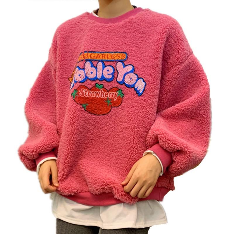 

Women Fake 2 Pieces Warm Sweatshirt Fall Winter Long Sleeve Fleece Hoodie Strawberry Print Fuzzy Hoody Pullover Kawaii Top -2XL Women' Hoo, Beige