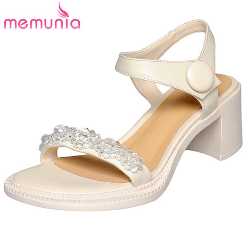 

Dress Shoes MEMUNIA 2021 Est Genuine Leather Sandals Ladies Crystal Thick High Heels Fashion Rome Casual, Black