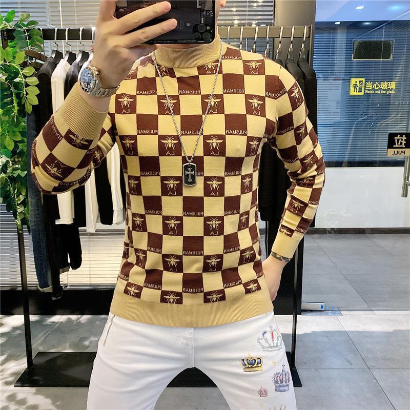 

Men's T-Shirts Male plaid fashion shirt printed Korean-style base in autumn and winter cumbersome, Black
