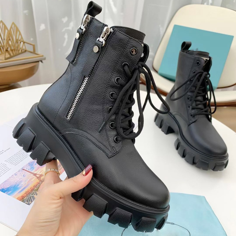 

Designer high quality womens camping boots leather fashion new winter low heel round head letters short medium size 35-40, Black