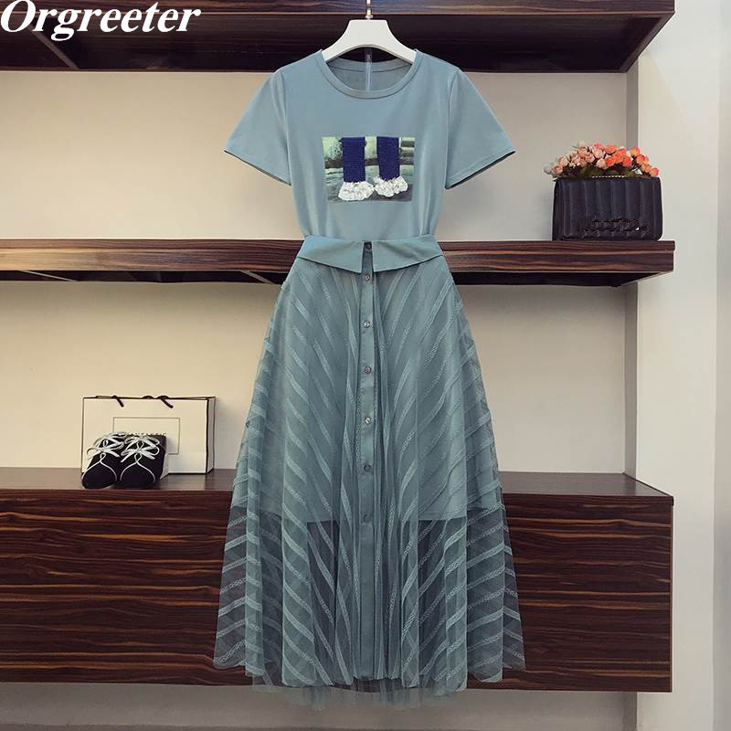 

Two Piece set Women Summer Fashion Sequined Print Cotton Long T-shirt Dress +Mesh See Through Striped Skirt Sets 210525, Turquoise