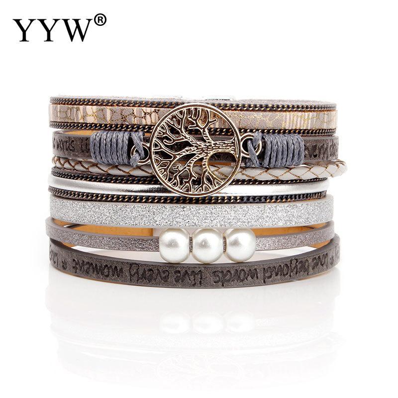 

Bohemian Plastic Pearl Leather Bracelet Woman Magnetic Buckle Multilayer For Women Tree Pulseras Mujer Link, Chain