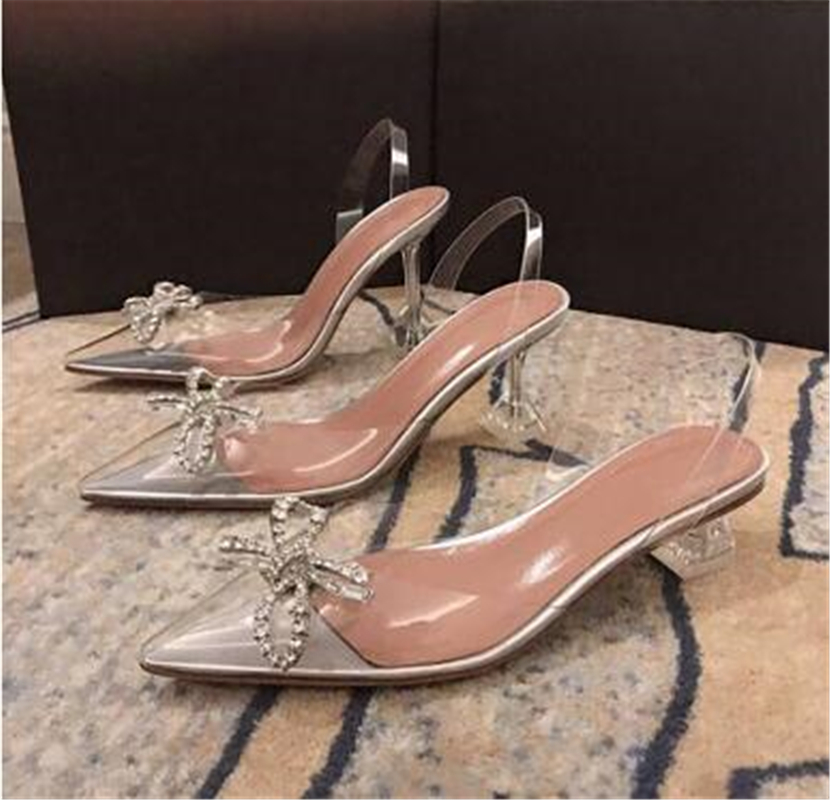 

Amina Muaddi crystal sexy women transparent dress shoes Limited edition 7cm 10cm High heel business party shoe comfort Beading Buckle Ribbons Rivets