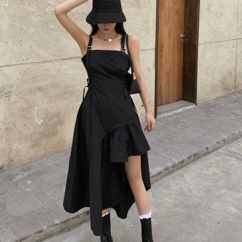 

Vintage Fashion Women Streetwear Irregular Sundress Suspenders Casual Black Bandage Dress Sleeveless Slim 210526
