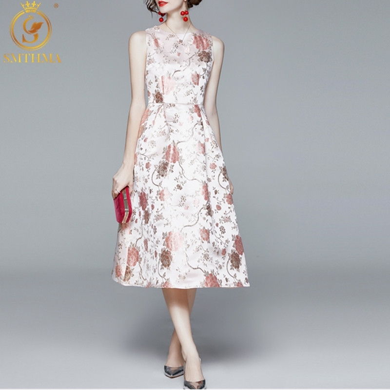 

Fashion High Waist Ladies Temperament Jacquard Dresses Women's Sleeveless O-Neck Mid-Length Vestidos 210520, Photo color
