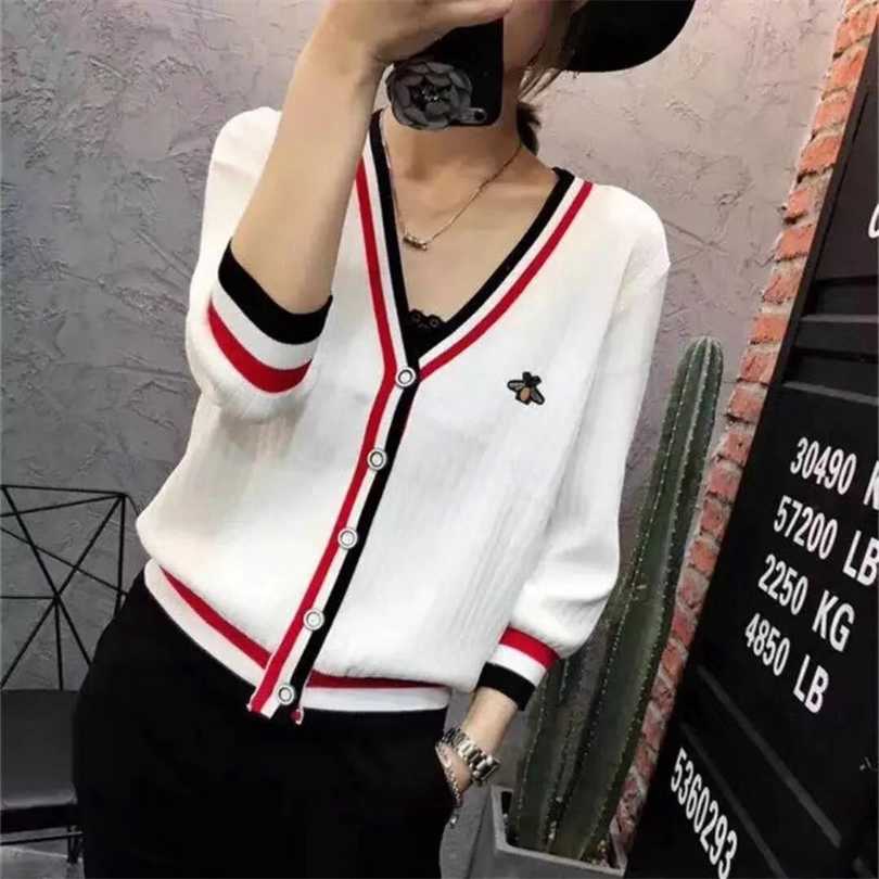 

Women's tops autumn and winter embroidery little bee sweater open loose long-sleeved V-neck jacket 211018, Black long sleeve