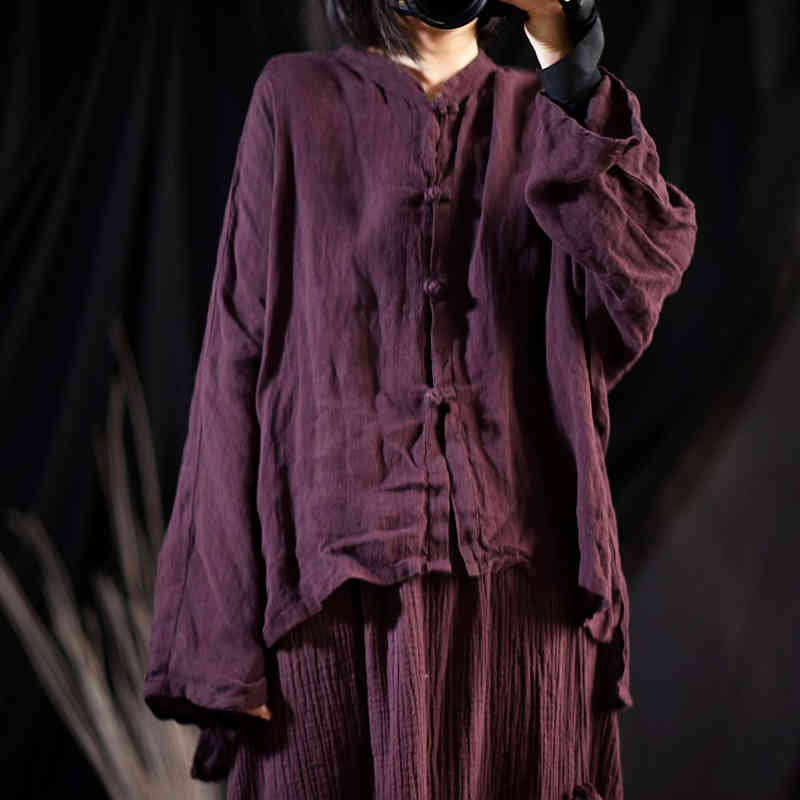 

Johnature Linen Retro Plate Buckle O-neck Shirts Chinese Style Vintage Full Sleeve Spring Loose Women Pockets Tops 210521, Fuchsia