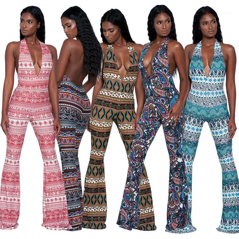 

Women' Jumpsuits & Rompers 2021 Summer Female Jumpsuit Printed Bohemian Casual Flare Pant Playsuit For Women, Gold