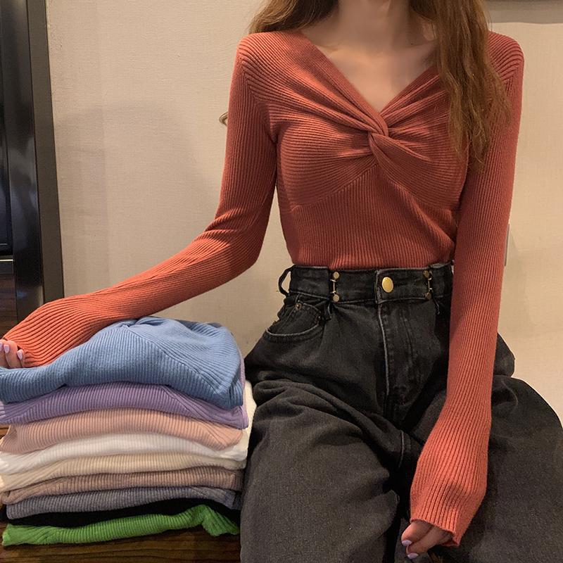 

Women's Sweaters Simple V Neck Long Sleeve Sweater Women Elegant Korean Chic Slim Fit All Match Knit Tops Autumn 2021 Solid Pull Femme, Gray