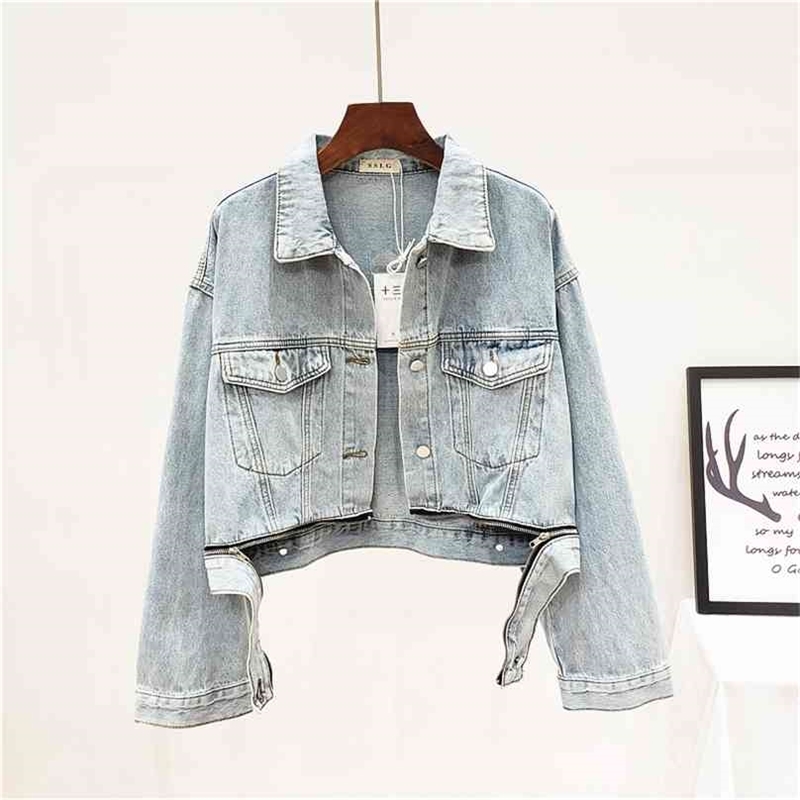 

Zippers Short Denim Jacket Woman Spring Summer Long Sleeve Coat Loose Vintage Chic Fashion Female 210603, Blue
