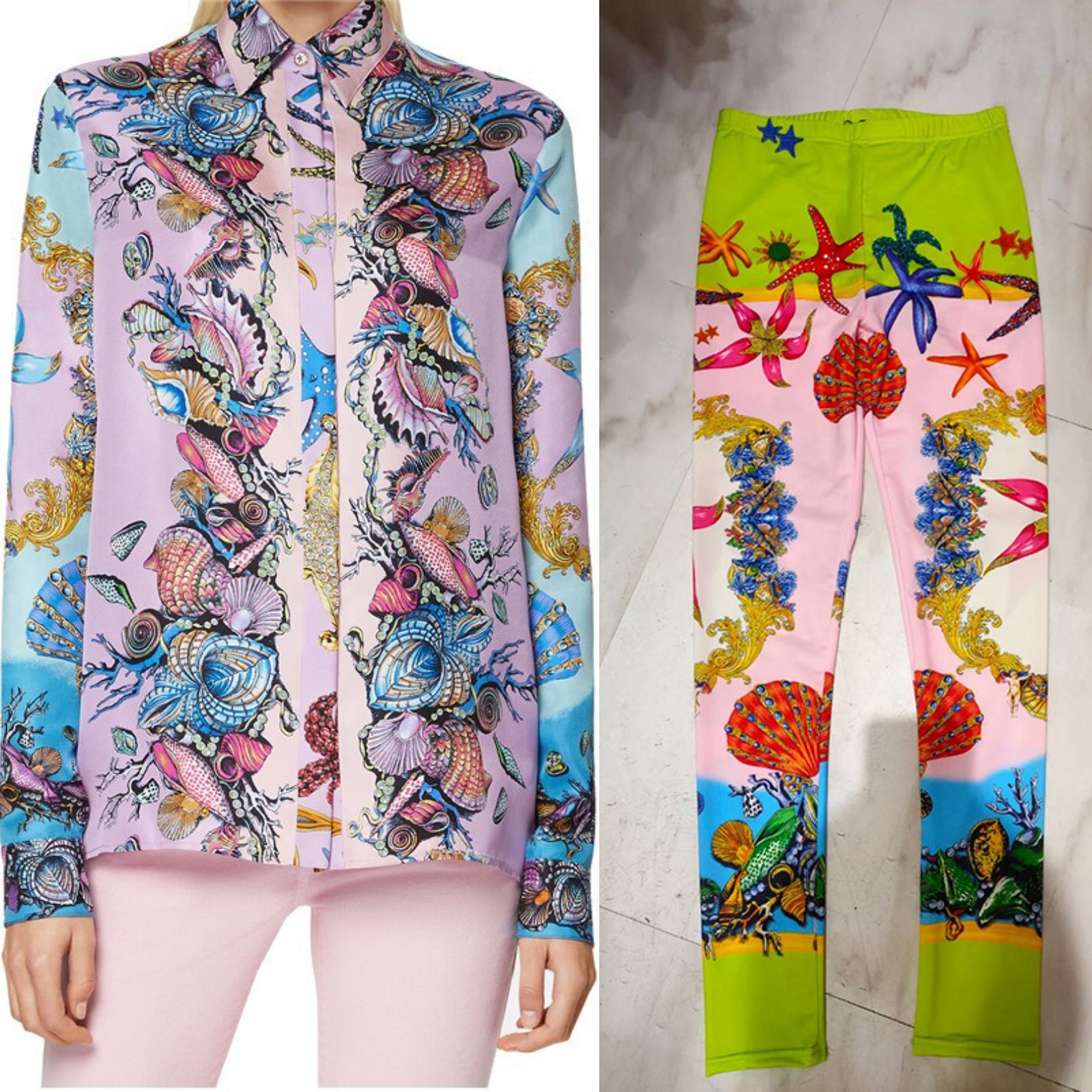 

Baroque printed single-breasted shirt + elastic bottoming trousers, Blue short-sleeves shirt