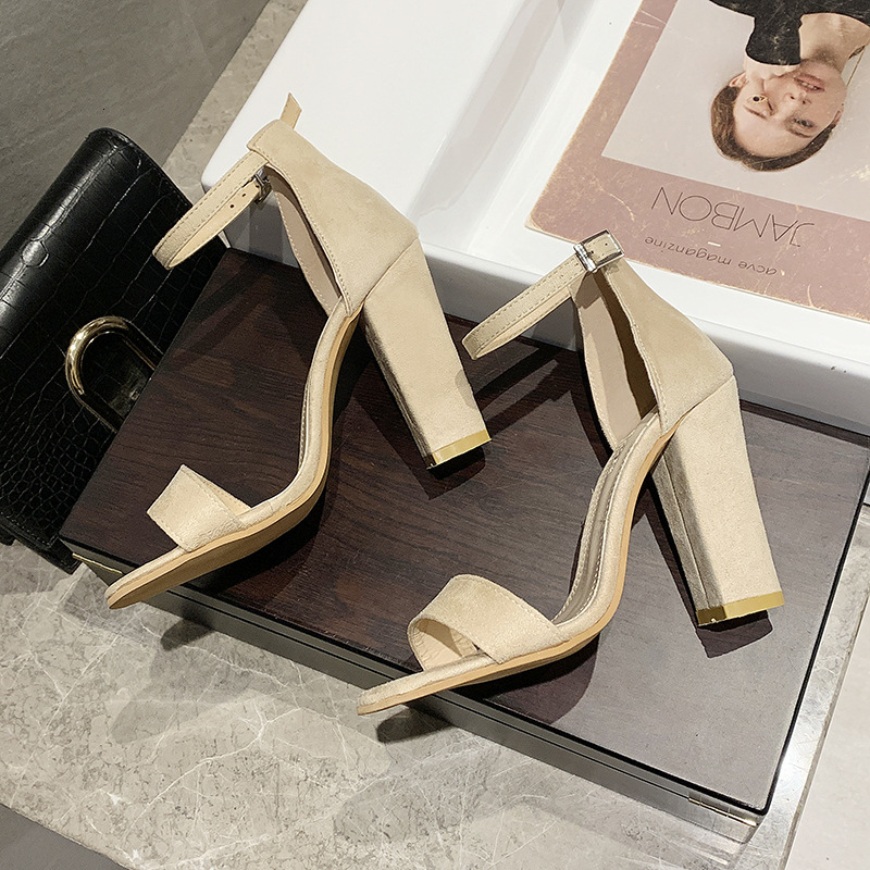 

Sandals Shoes Women Fashion Block Heels Suede Buckle Party Sandalias Sexy Classic Ladies SW2J, Beige