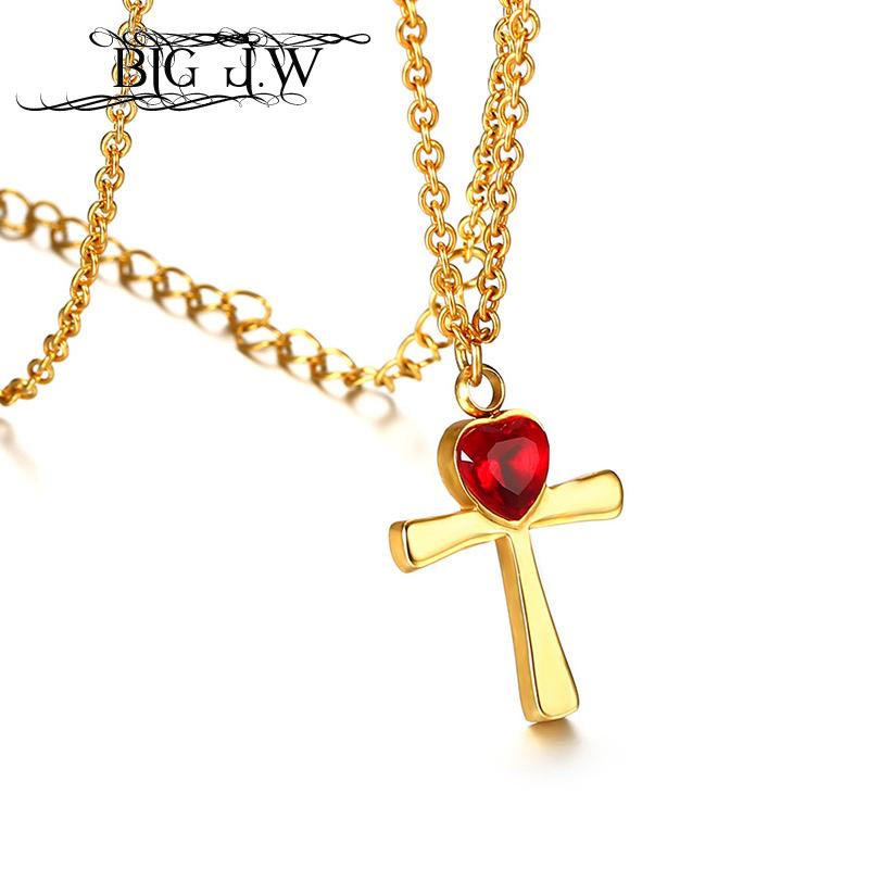 

Chokers BIG J.W Gold Color Cross Stainless Steel Pendants Necklace For Women Shiny Red Rhinestone Necklaces Fashion 2021 Korean Jewelry, Golden;silver