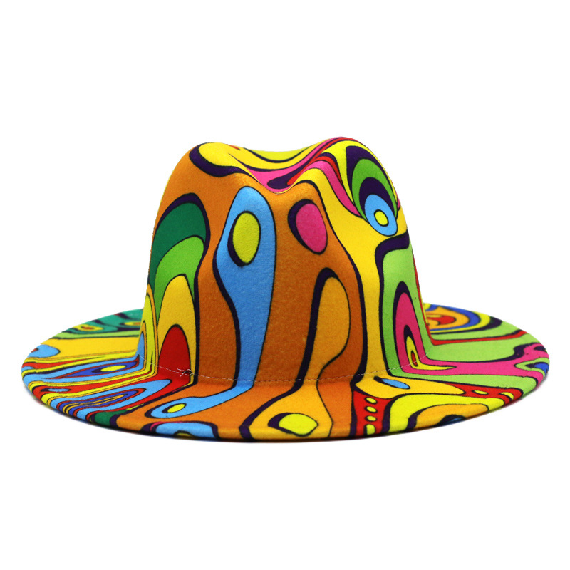 

2021 Colorful Tie Dye Felt Jazz Hats Women Faux Wool Fedora Hat Wide Brim Panama Style Party Formal Chapeau Gambler Cap 855 R2, Colors mix
