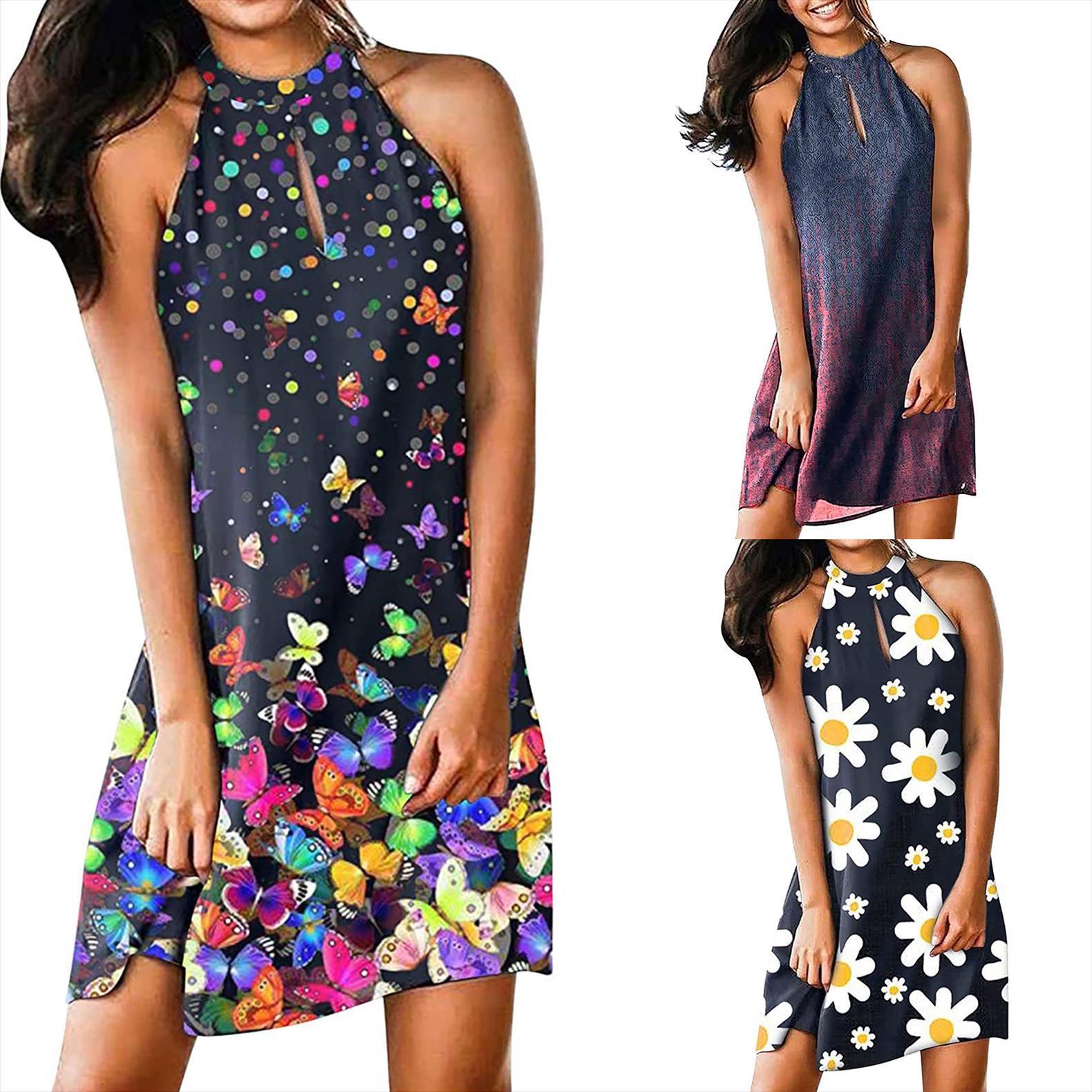 

summer casual fashion metal hanging womens dresses neck print sleeveless plus size women clothing, Black;gray