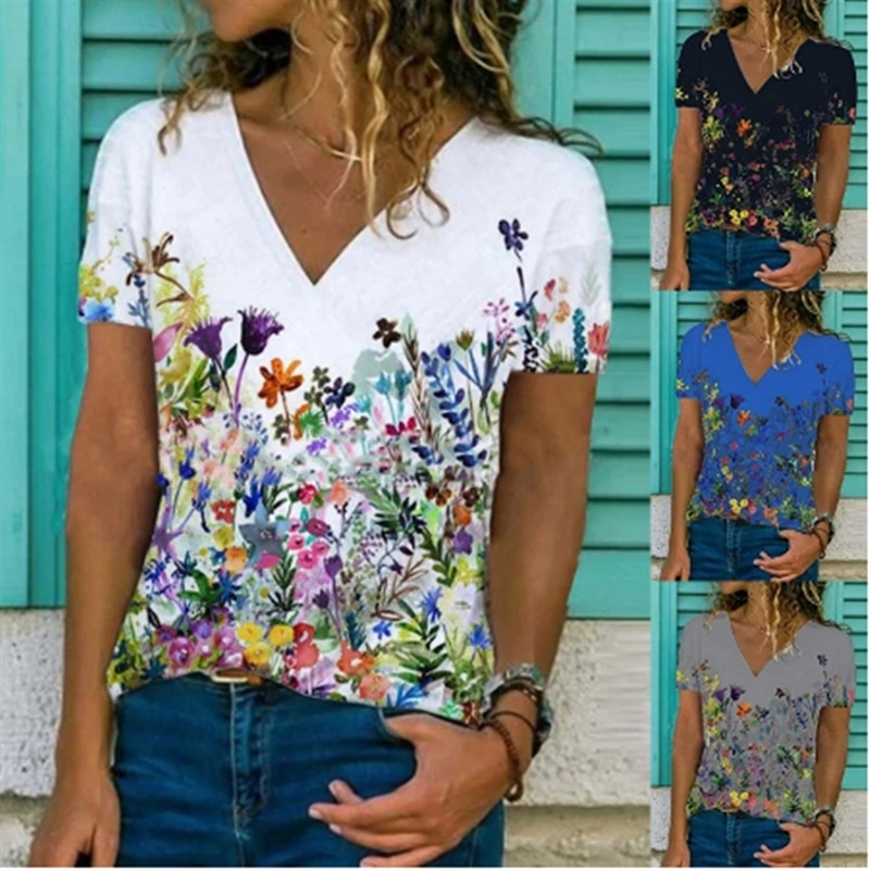 

rhb0 2021floral print casual v-neck t-women's short sleeve 2021floral print casual v-neck t-women's shirt t-shirt short slee, White