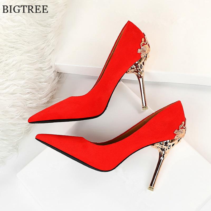 

Dress Shoes Elegant Thin Metal Heel Women Pumps High Quality Fashion Flock Heels 10cm Woman Wedding Black Red Tacones Mujer
