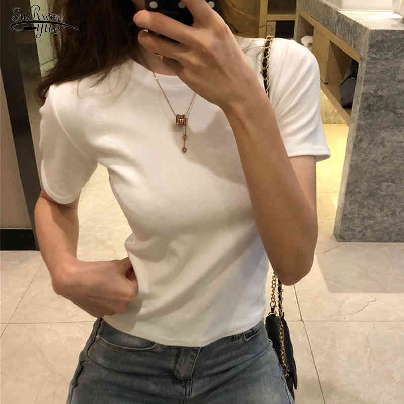 

Summer O-neck Short Sleeve T Shirt Solid Slim Casual T-shirt Wild Basic Brushed Base Women Cotton Korean Tee 10376 210521, Black