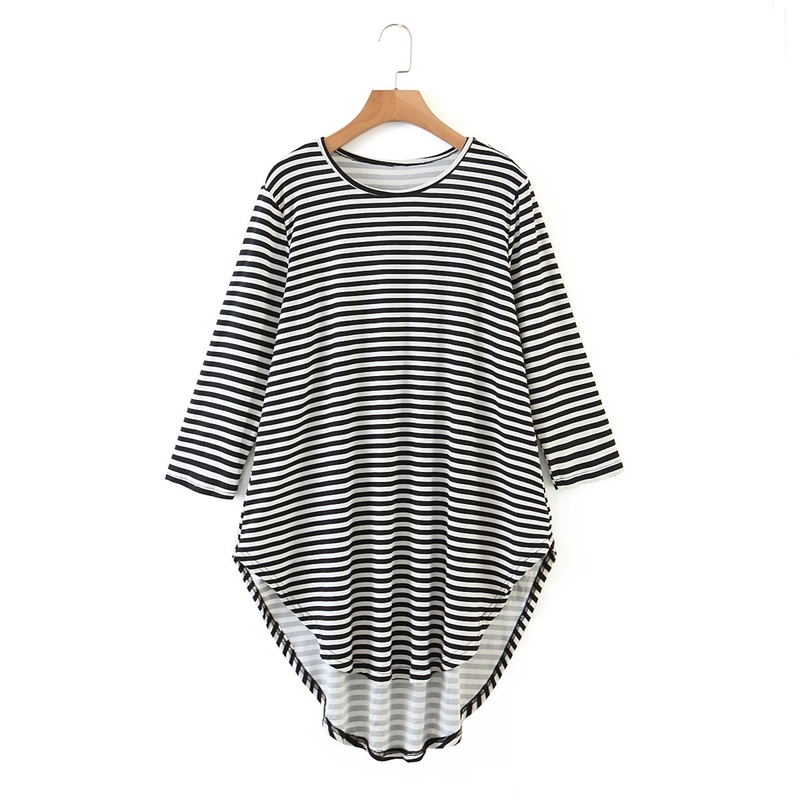 

Casual Cotton Long Shirt Women O neck Striped Dress Pullover Irregular Mini Preppy Style Sleeve XZ2570 210525, Black