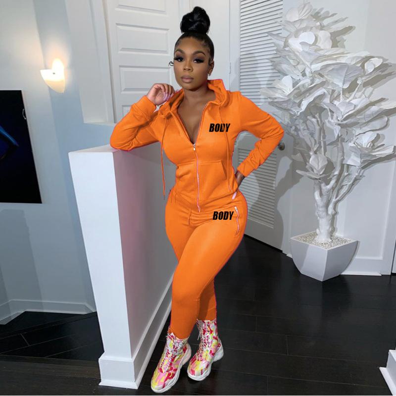 

Women's Two Piece Pants BODY Letter Print Jogging Suits For Women Casual Hooded Long Sleeve Zipper Jackets And Side Bodycon Sport, Green
