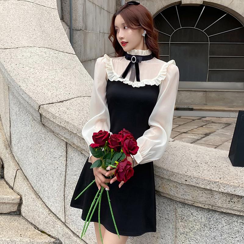 

Casual Dresses Fashion Plus Size Korean Women Vintage Stand Collar Long Sleeve Mini Party Dress Elegant Streetwear Sweet Bow Short Female, Black